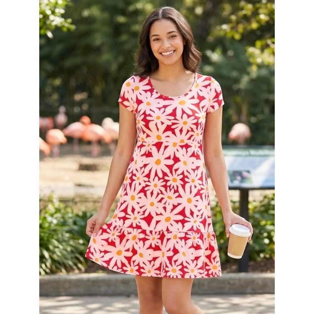 PLANET GOLD Red Daisy Print Babydoll Dress L NWT